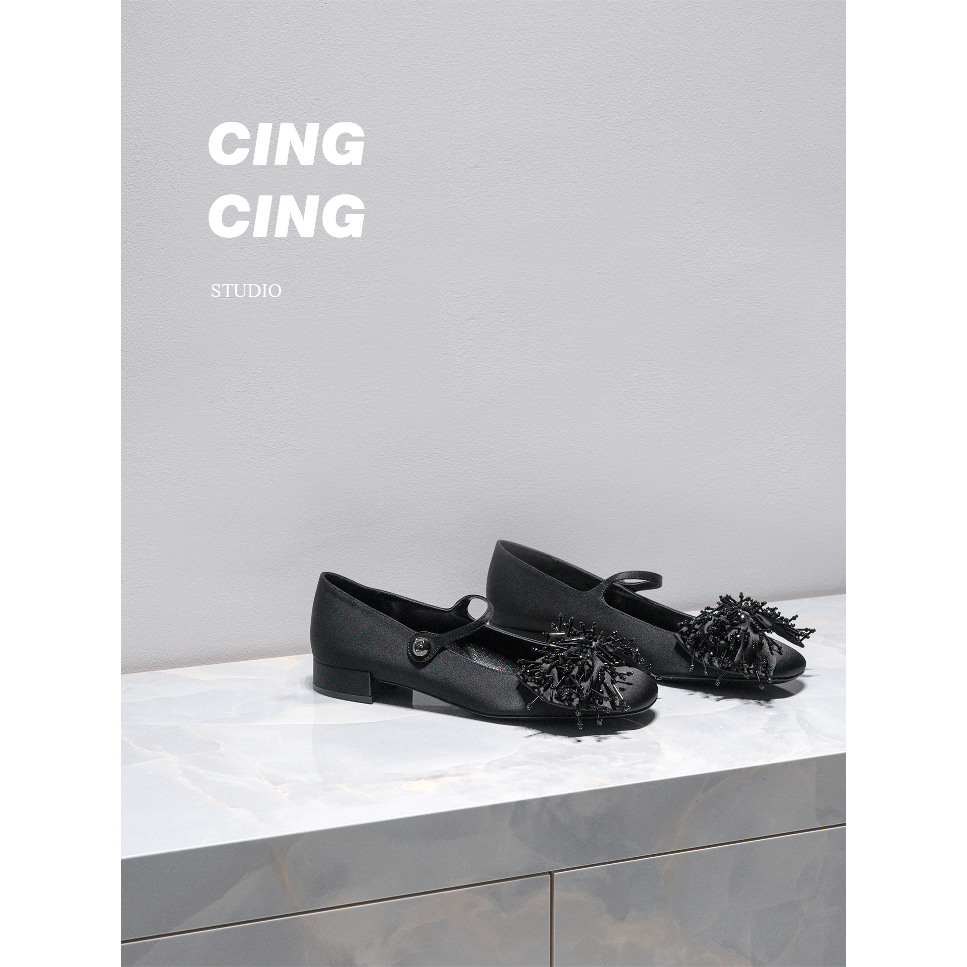 CING`CING 闭眼入~招牌款 真丝缎面单鞋串珠蝴蝶结方头玛丽珍鞋女