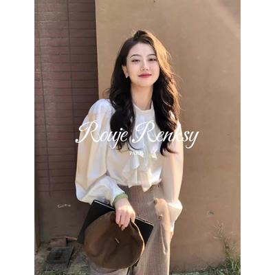 法国Rouje Renksy法式泡泡袖缎面气质衬衫女春高级感别致立领衬衣