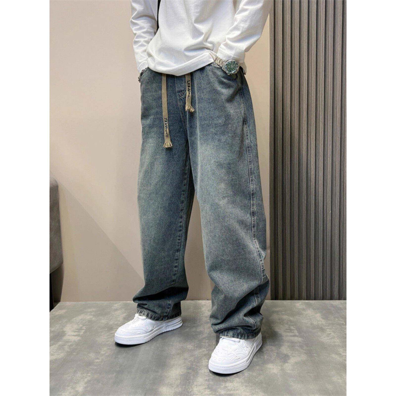 GM新潮 直筒垂感牛仔裤男士秋冬加绒高个子裤子痞帅阔腿高街长裤