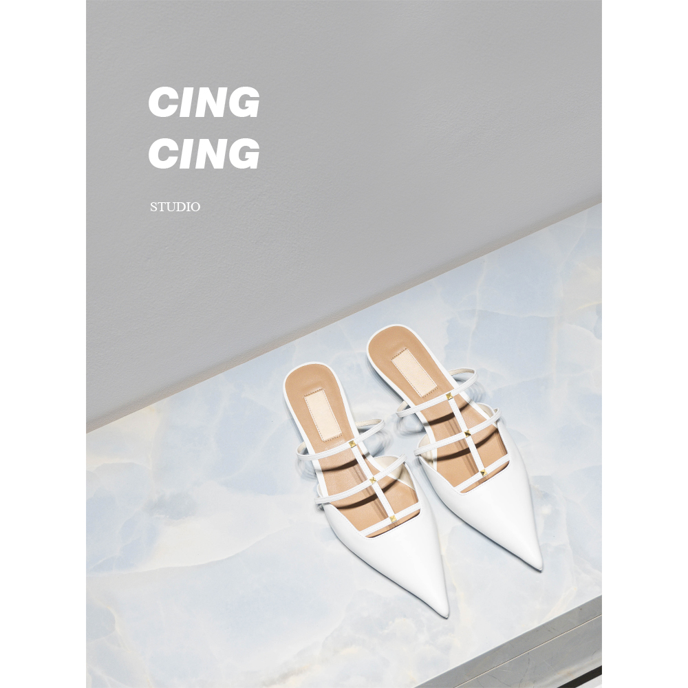 CING`CING 闭眼入~招牌款 羊皮铆钉拖鞋尖头真皮猫跟穆勒鞋半拖女