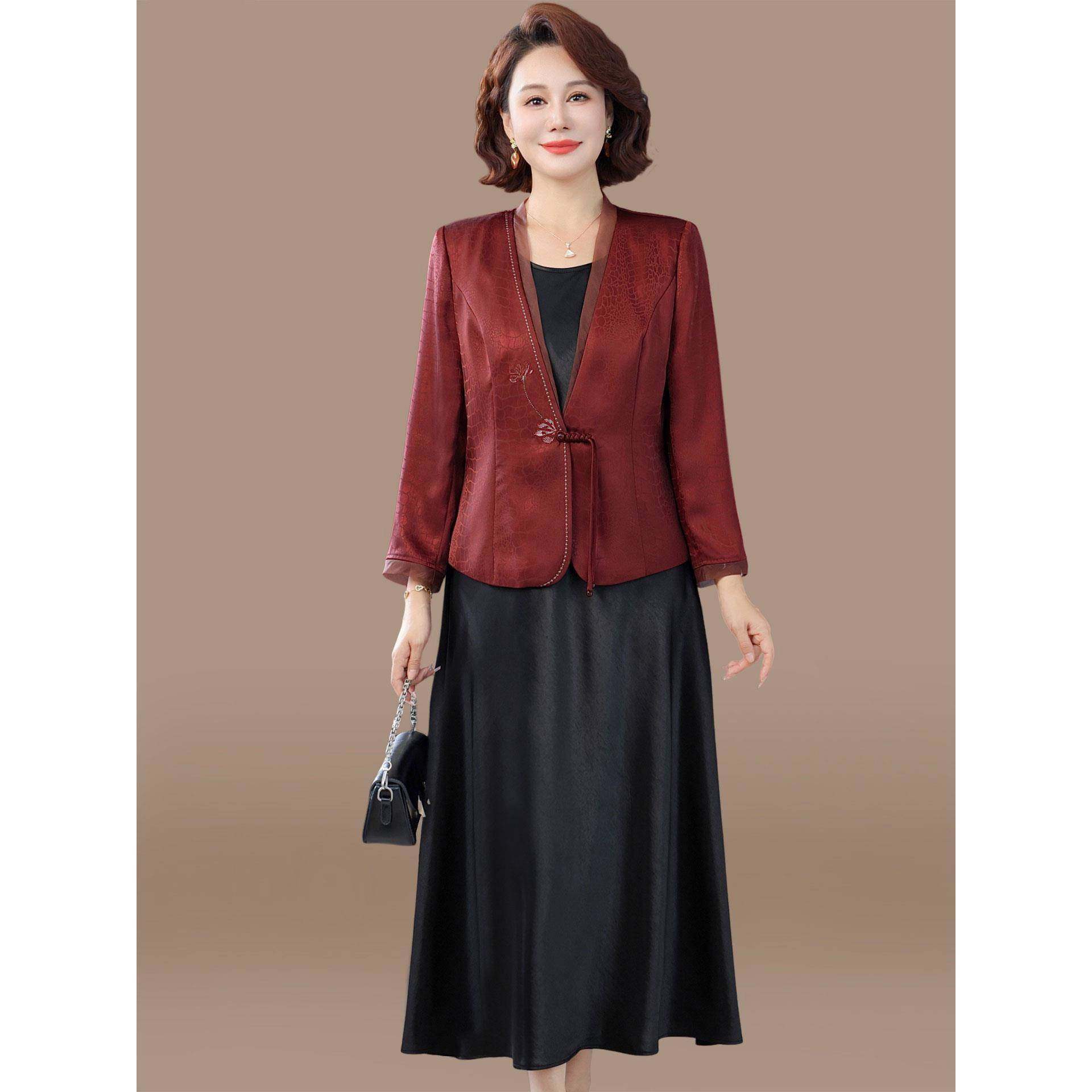 Ocnltiy新中式妈妈连衣裙端庄大气秋装套装裙子中老年女国风外套