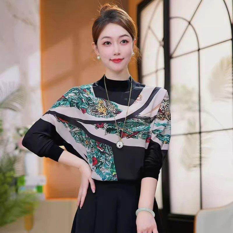 香港代购妈妈装长袖T恤女秋季新款时髦洋气质宽松减龄花色打底衫