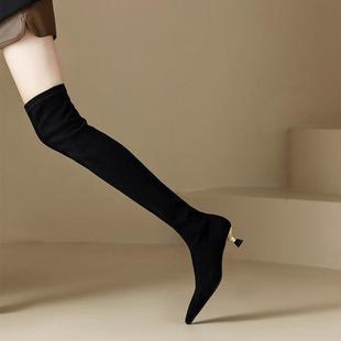 韩国尖头猫跟过膝长靴女2025秋冬低跟细跟弹力高筒小跟瘦瘦长筒靴