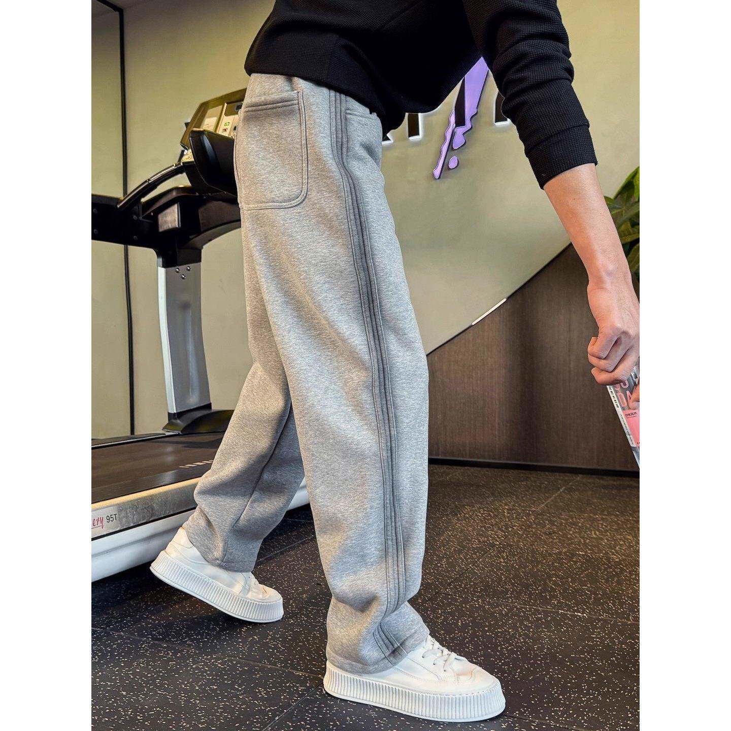 GM新潮 简约优雅不过时~灰色直筒卫裤男士秋冬加绒加厚运动休闲裤