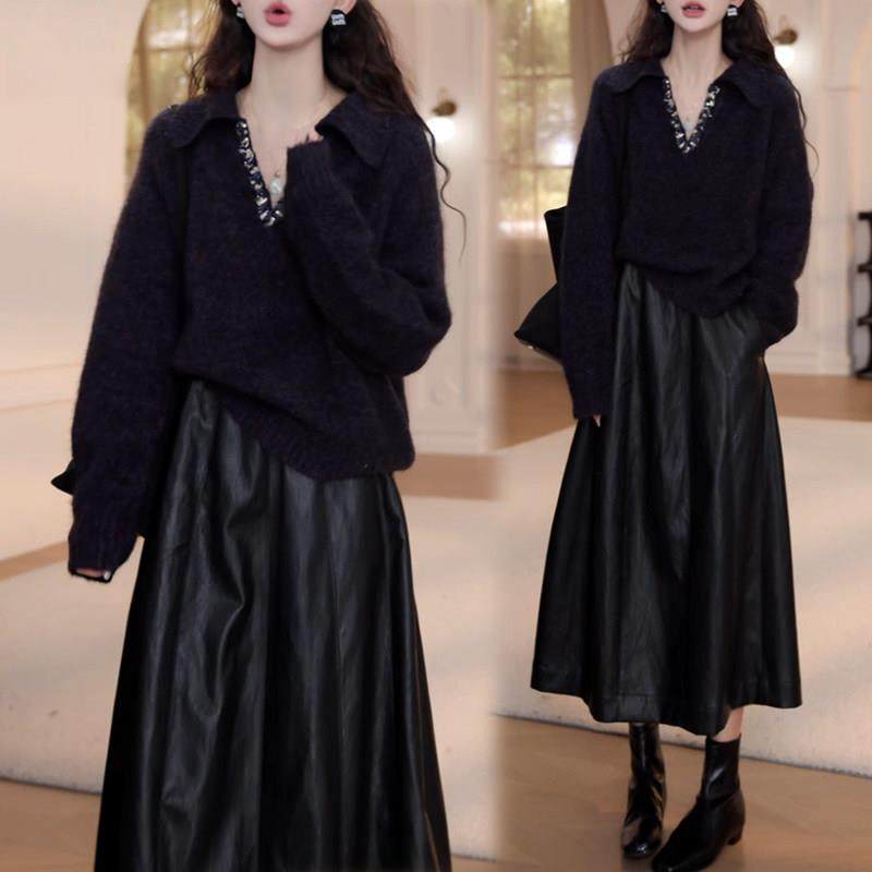 欧洲站套装女冬季2025新款纯色POLO领针织衫松紧腰半身裙两件套潮