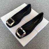 女2025年春秋新款 绒面黑色鞋 子韩版 浅口平底方头单鞋 百搭舒适女鞋