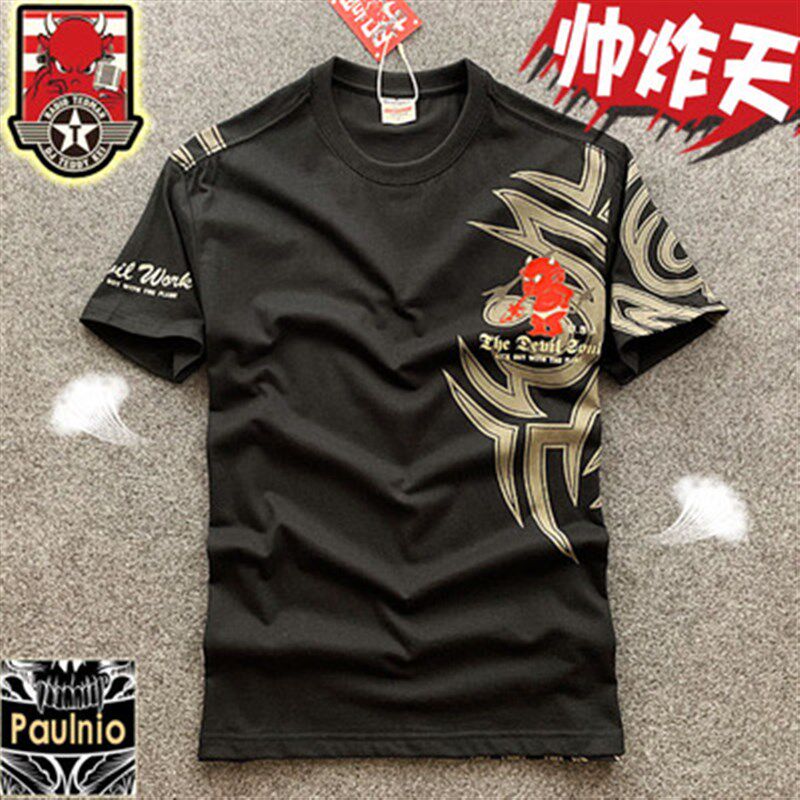 香港复古短袖男t恤卡通日系潮牌飞虎队欧美宽松纹身印花