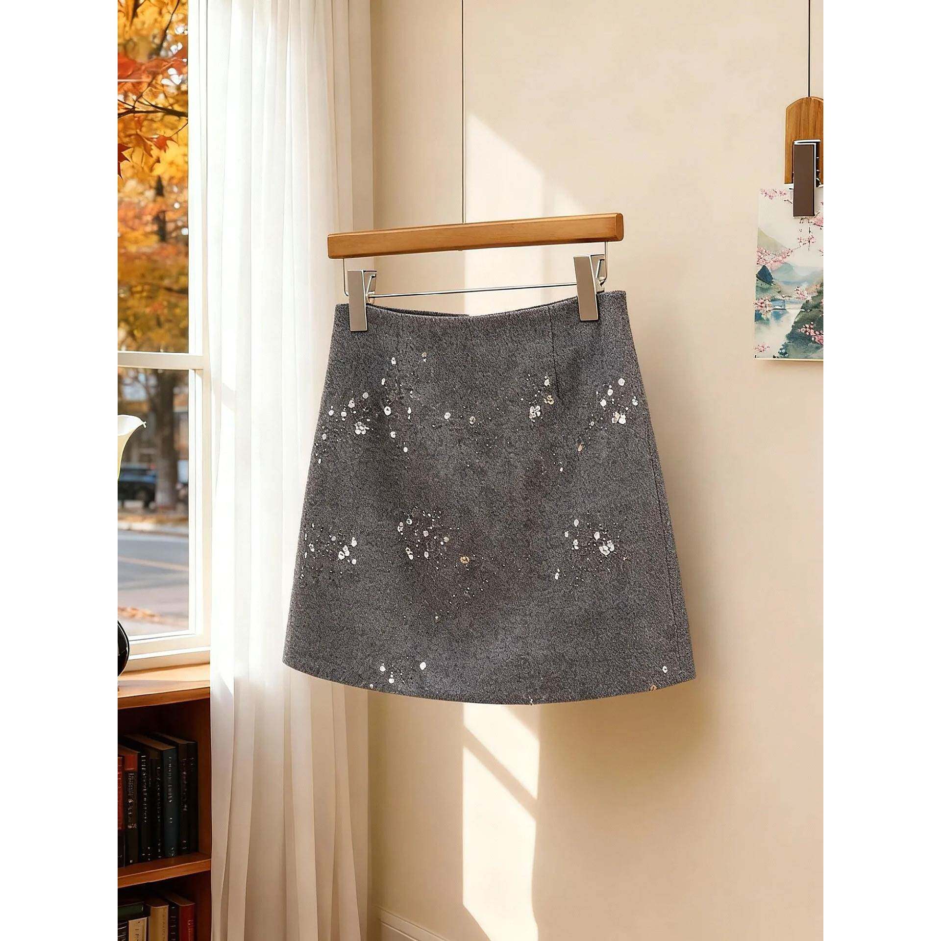 韩国灰色高腰显瘦亮片半身裙女A字短裙小个子百搭减龄毛呢裙秋冬