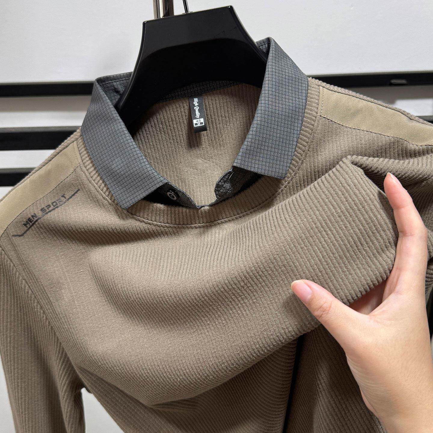 MAROLIO~高端磨毛假两件卫衣男长袖秋冬季商务休闲衬衫领内搭t恤