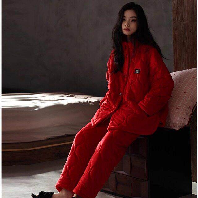 高档轻奢女士三层夹棉睡衣冬季红色本命年家居服加绒加厚套装新款