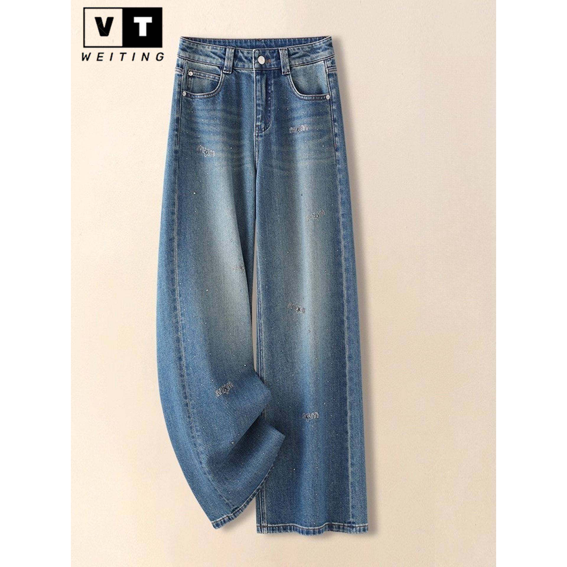 WEI TING烫钻直筒牛仔裤女春秋新款时尚高腰显瘦垂感窄版阔腿裤女,女装/女士精品,牛仔裤,淘宝优惠券,粉丝福利购,淘宝优惠卷