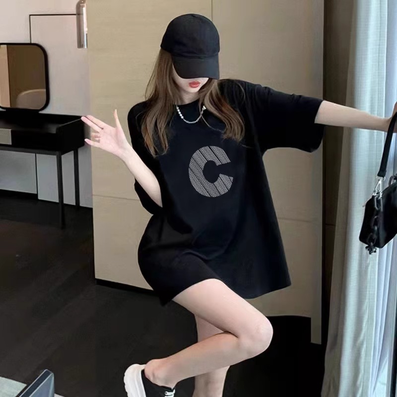 欧洲站中长款黑色短袖T恤女2025新款夏季设计感宽松大码印花上衣