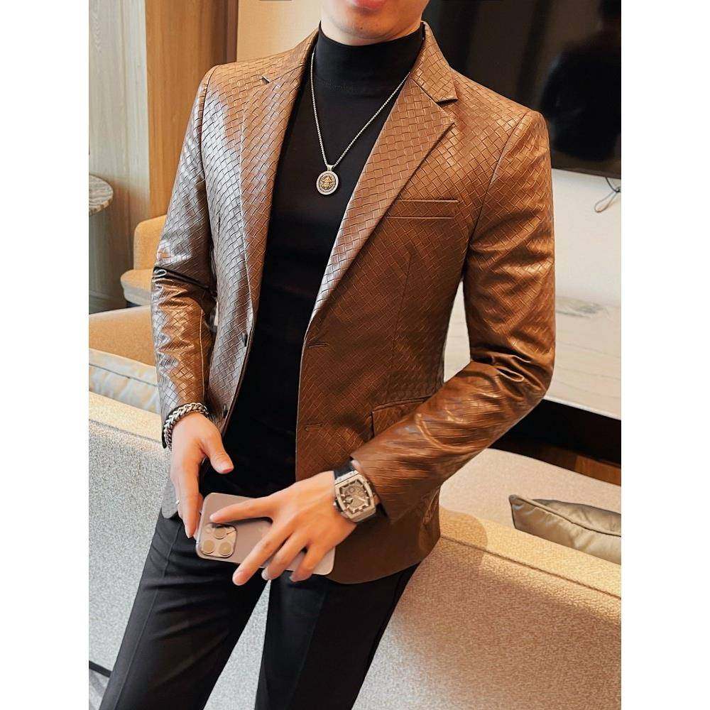 香港格纹皮西装外套男秋冬季2025新款高级感英伦商务休闲修身西服