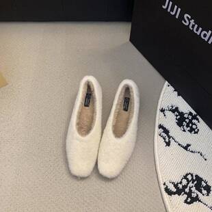 潮牌欧洲站秋冬新款女鞋羊毛方头平底舒适百搭舒适绒里简约毛毛鞋