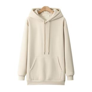 潮牌美式连帽加厚加绒中长款卫衣女2025秋冬新款显瘦外套薄款上衣