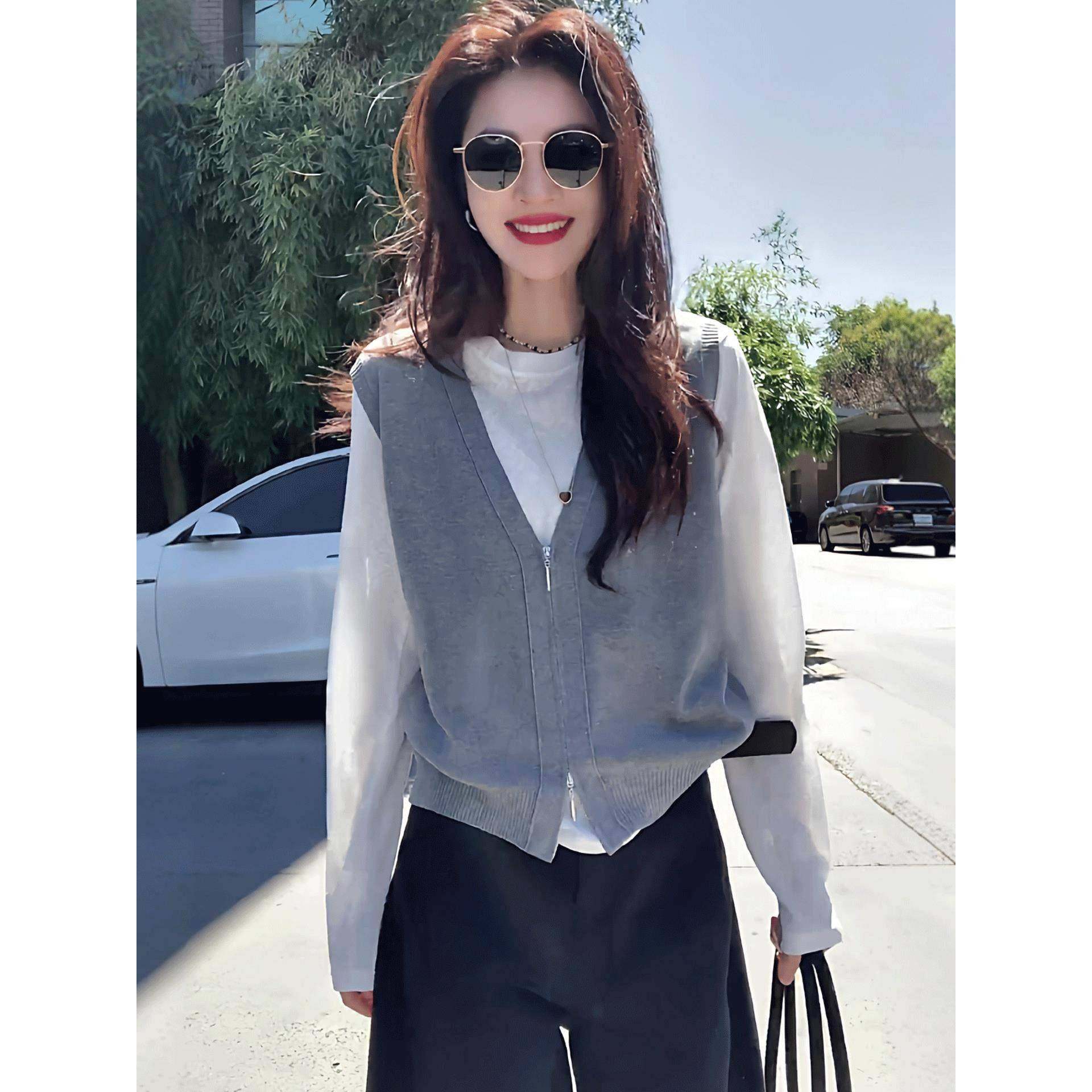 Ocnltiy韩系早秋穿搭针织衫女新款爆款针织马甲打底衫真两件上衣