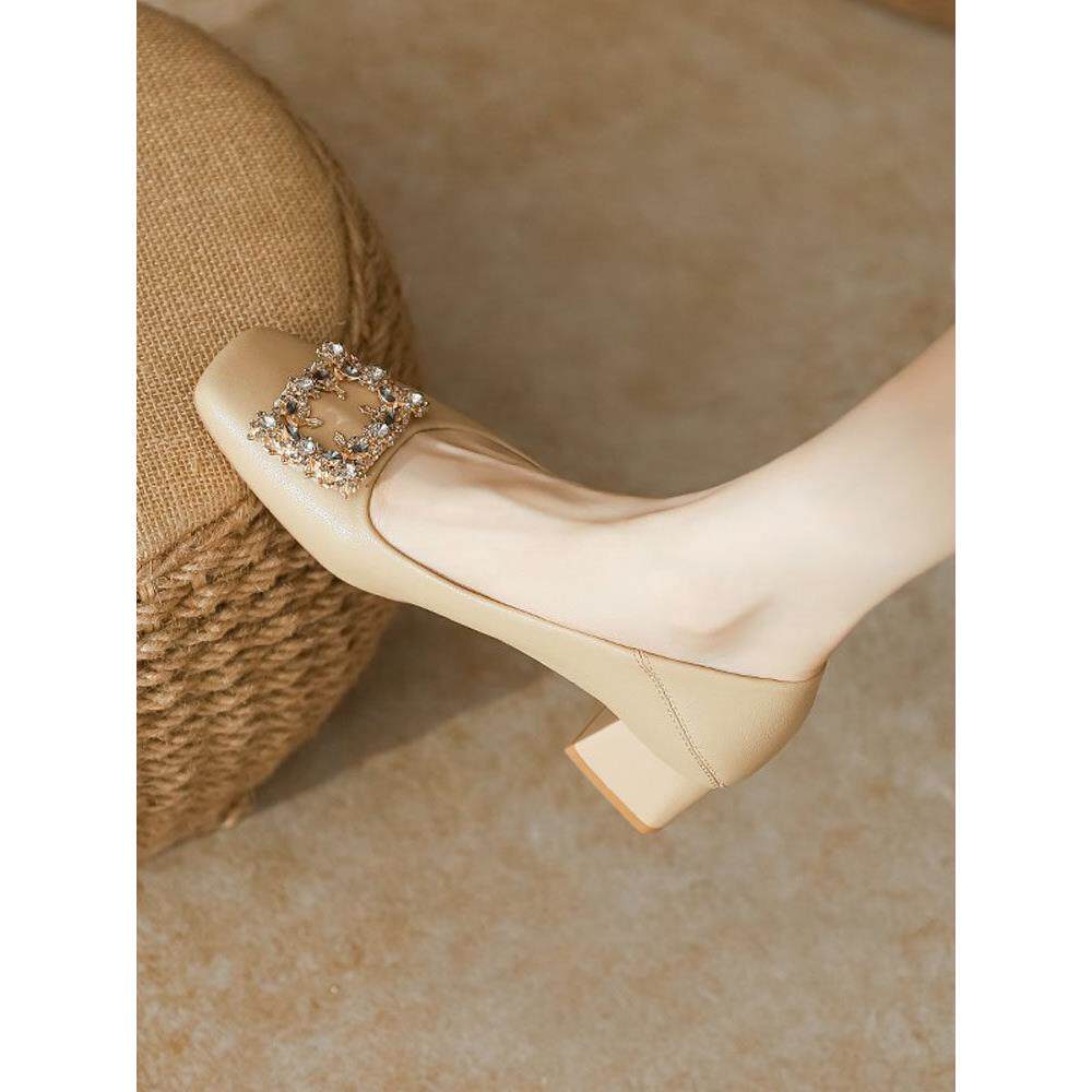 店主自留新款~真皮粗跟单鞋女2025春秋不累脚方头中跟职业高跟鞋