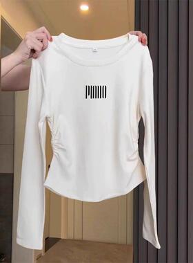 韩国Honey koko⭐正肩纯棉长袖t恤女褶皱收腰白色上衣打底衫春秋