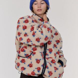 【现货】韩国sienne时髦立领宽松保暖拉炼款玫瑰摇粒绒碎花外套女