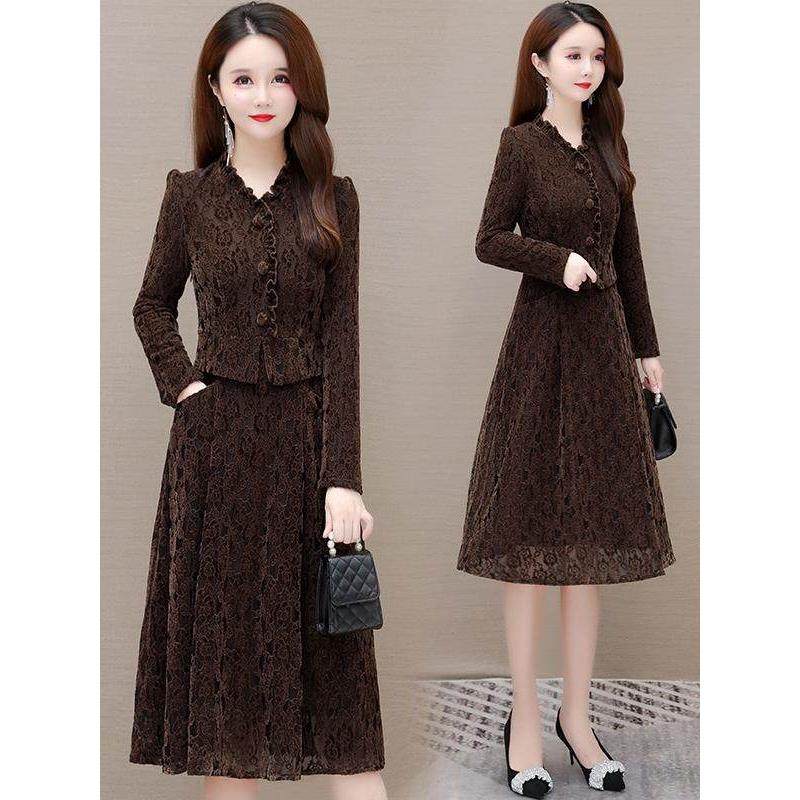 Ocnltiy假两件蕾丝加绒连衣裙女秋冬装气质显瘦加厚妈妈打底裙子