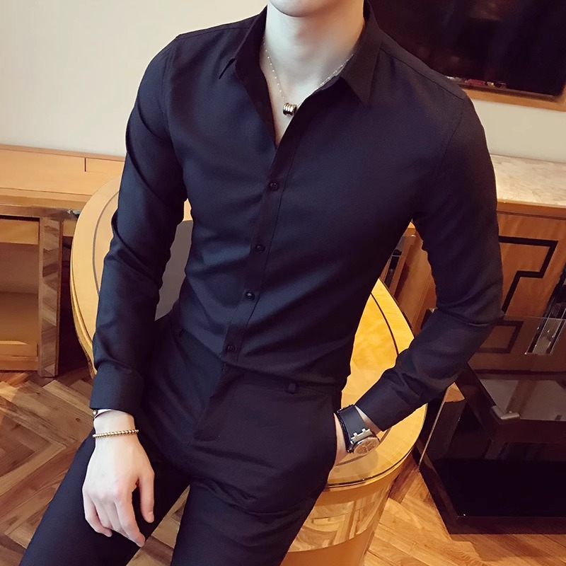 白衬衫男长袖韩版潮流帅气休闲衬衣修身七分商务正装寸衫黑色上衣