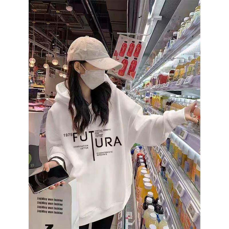 韩国秋冬宽松休闲连帽oversize中长款遮屁股白色潮牌卫衣外套女款
