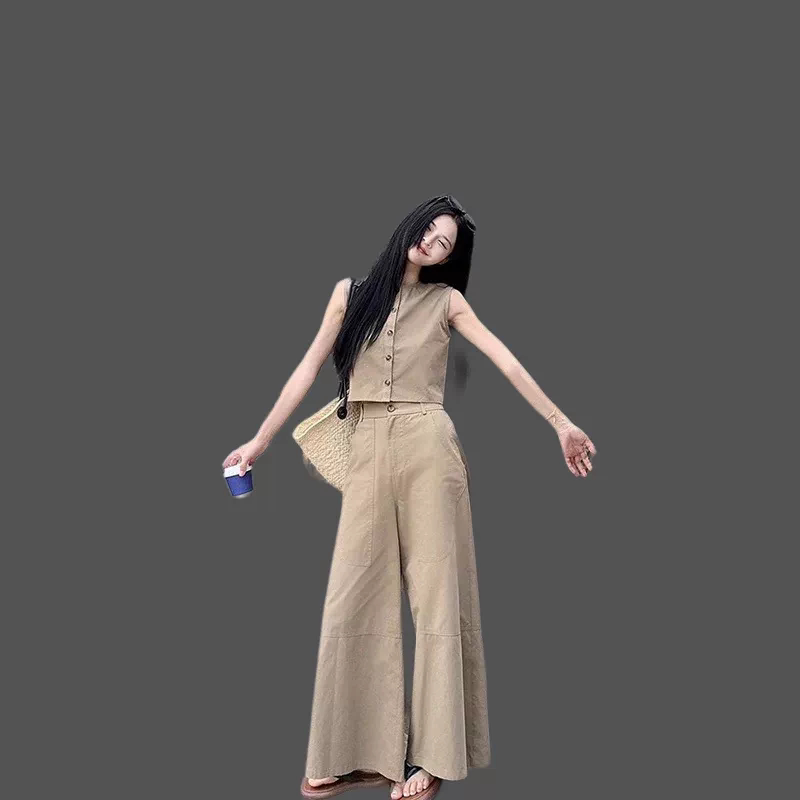 时尚套装女夏季新款辣妹显瘦无袖衬衫宽松高腰阔腿休闲裤两件套潮