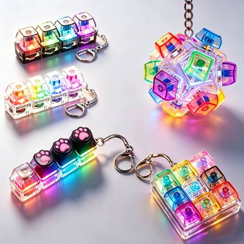 NEW LED Keyboard Keychain Fidget Toys Crystal Clicker Sensor