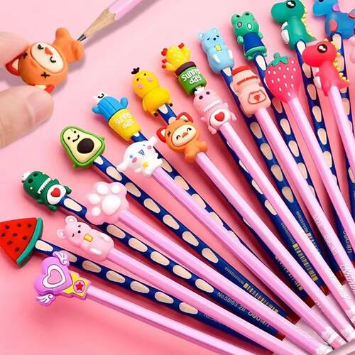10pcs Cute Cartoon Pencil Cap Silicone Neutral Pen Cover Sch