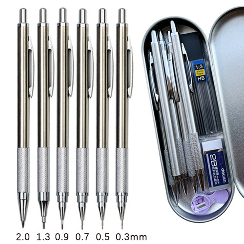 6pcs Metal Mechanical Pencil with Pen Box Lead Eraser Pencil