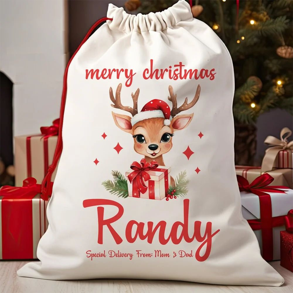 Santa's Personalized Sack for Kids Canvas Reindeer Gift Bag