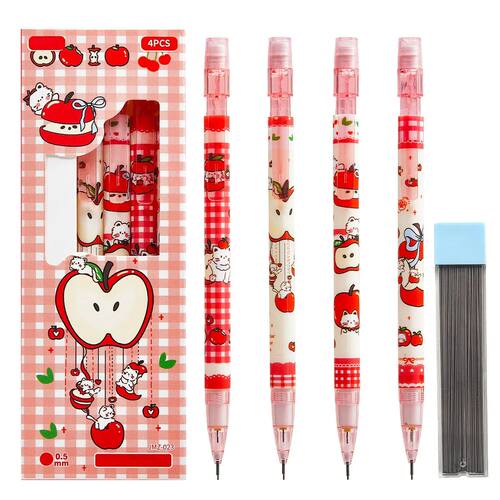 Cute Cat Push-Button Automatic Pencil Set, 4 Pencils + 1 Lea