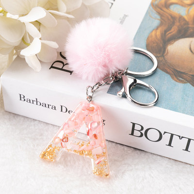 1Pc Pink Pompom Letter Keychain English Alphabet Keyring wit