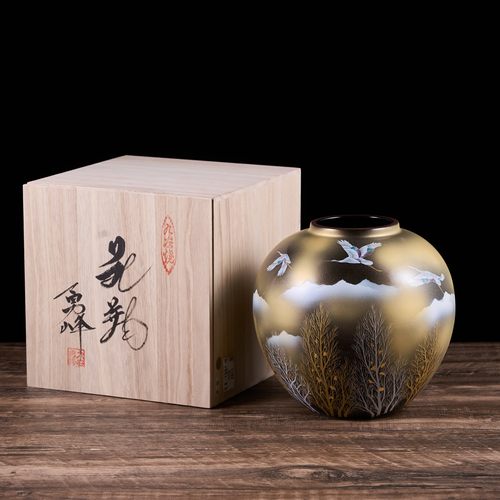 日本九谷烧芙蓉陶瓷花瓶摆件