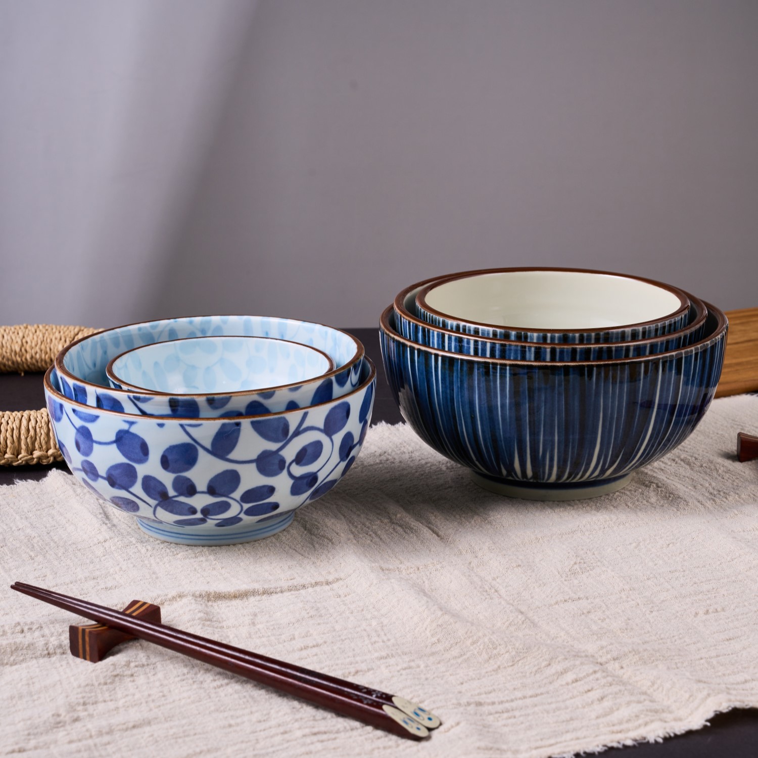 清仓日本进口美浓烧陶瓷餐具千线+唐草青花手绘碗饭碗面碗汤碗