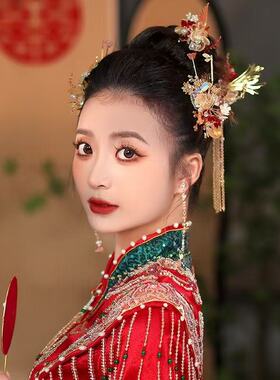 一诺新娘金红秀禾头饰新中式秀禾龙凤褂汉服旗袍新娘红色头饰