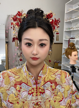 新娘饰品中式秀禾服头饰古风红色绒花花朵流苏结婚饰品敬酒服配饰