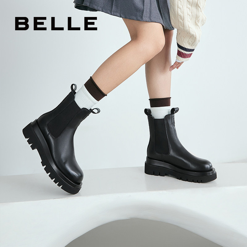 百丽复古切尔西靴烟筒短靴