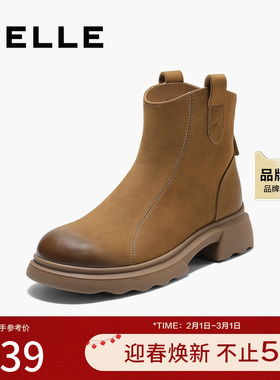 百丽复古擦色时装靴女2025冬新商场同款真皮粗跟短靴E5S1DDD5