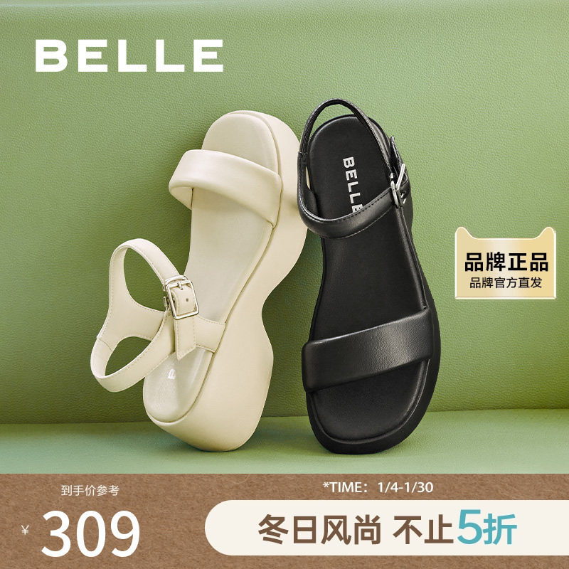 百丽一字带厚底凉鞋女款夏季新款鞋子休闲运动凉鞋A9D1DBL4