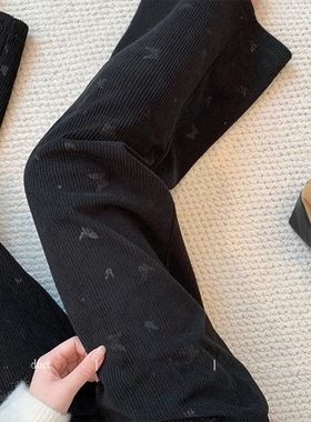 黑色蝴蝶压花灯芯绒阔腿裤女2025冬新款时尚高腰显瘦加绒直筒裤