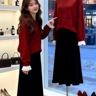 甜美气质时尚 洋气减龄红色针织上衣半身裙两件套 套裙女2025冬新款