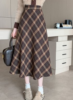 冬季韩版加厚毛呢高腰长裙chi格子中长半身裙女包臀A字英伦风复古