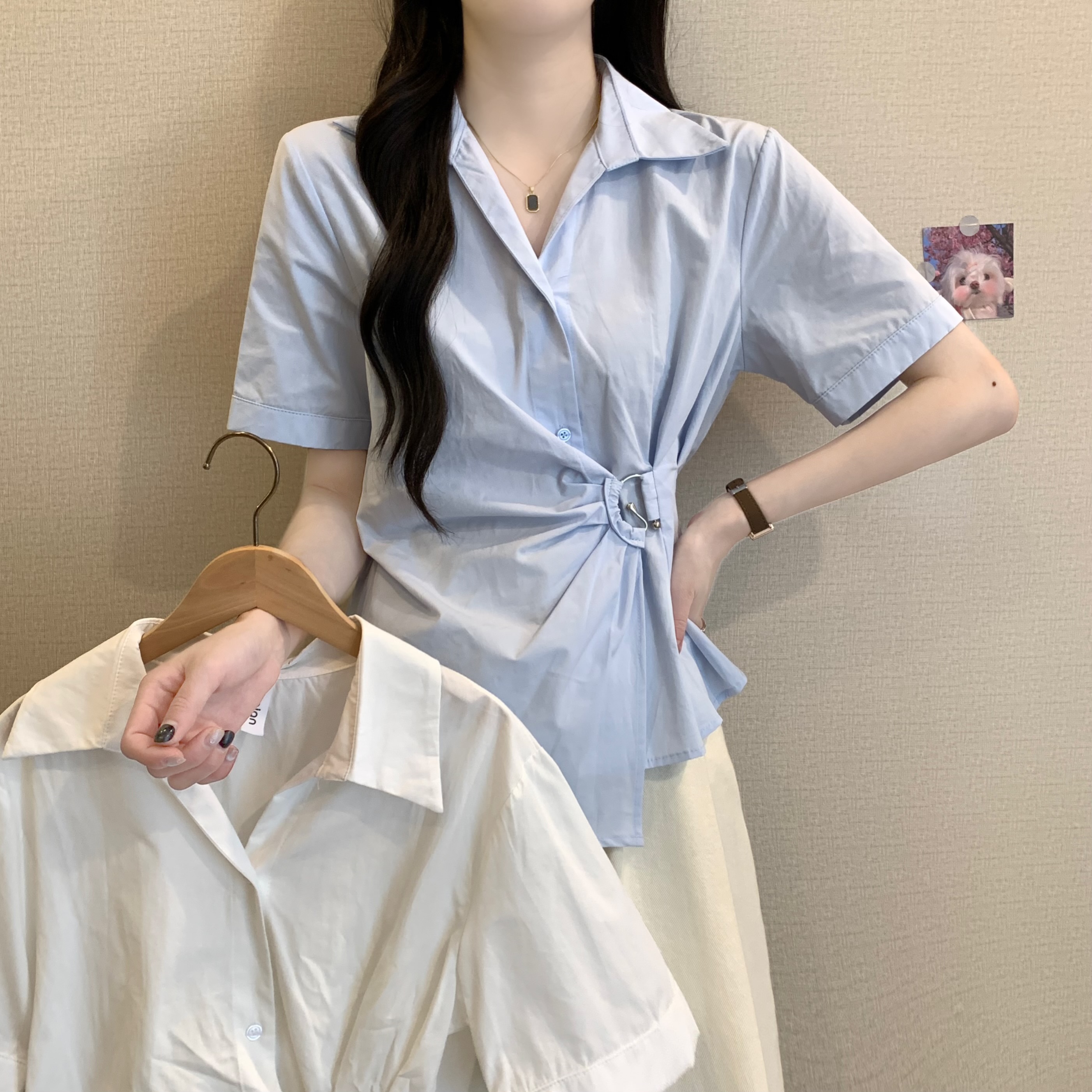 大码新品不规则翻领短袖衬衫女2025夏胖mm设计感收腰宽松显瘦上衣