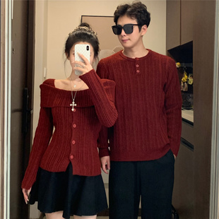 2025新款 实拍 秋冬季 情侣装 圣诞节红色新年一字肩毛衣针织 已出货