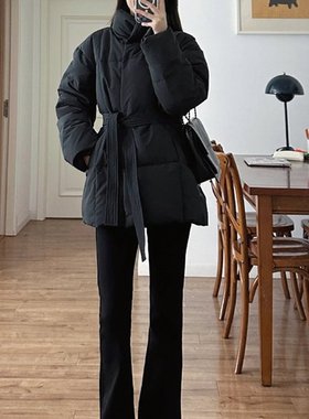 网图高级感收腰系带黑色棉服外套女2025冬季新款韩版小个子棉衣