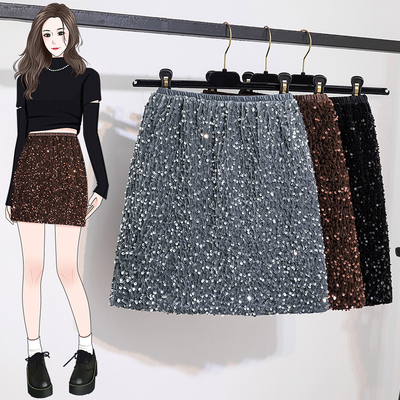 实拍大码女装2023春季新款法式复古重工显瘦高腰丝绒亮片包臀短裙