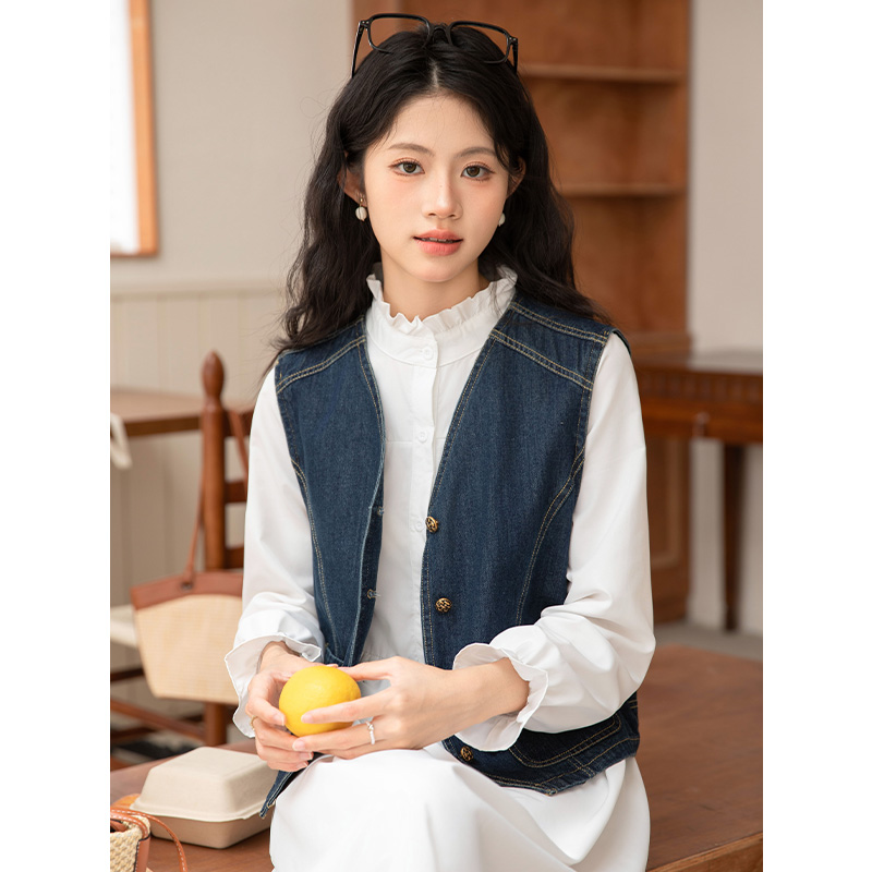 实拍牛仔马甲女2025新款秋季衬衫叠穿背心气质工装坎肩马夹外套