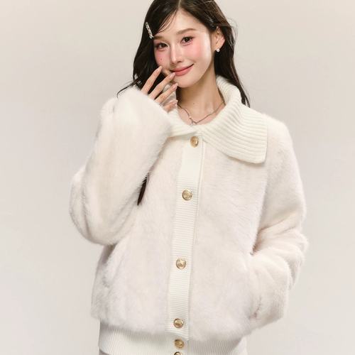 QDQD 甜美可爱风软糯大翻领环保皮草秋冬新款白色皮毛一体外套女