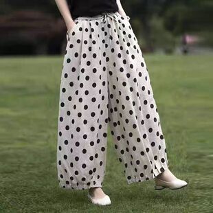 新款 简约款 棉麻阔腿裤 宽松休闲波点碎花百搭九分裤 文艺范大码 夏装